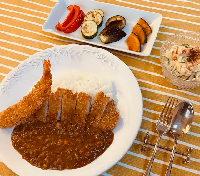 Katsu Curry Course: tonkatsu and fried shrimp with Japanese curry, grilled vegetables and potato salad